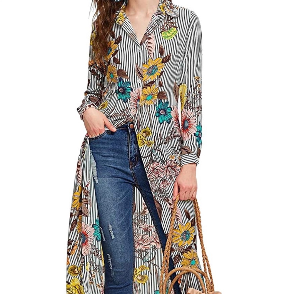Long Sleeve Button Up Blouse Floral Striped
